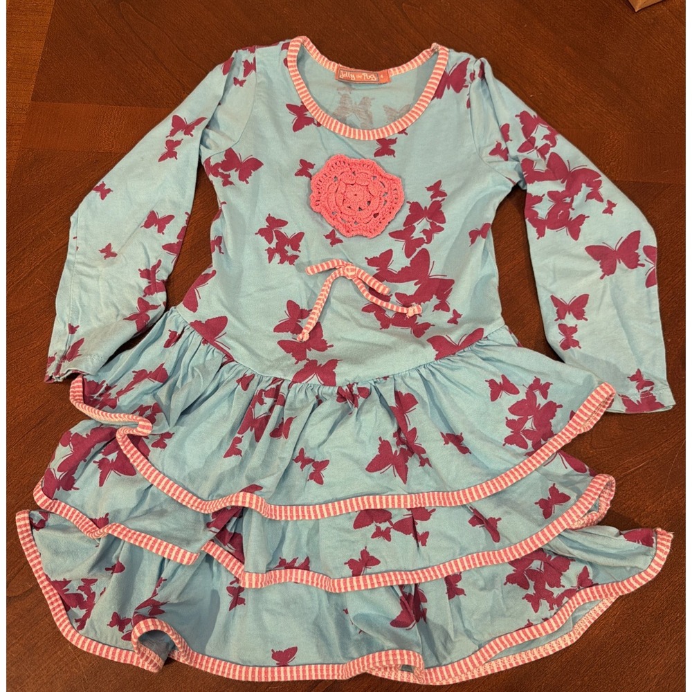 Jelly the Pug Girls Blue Dress Knit Long Sleeve Butterflies Size 4